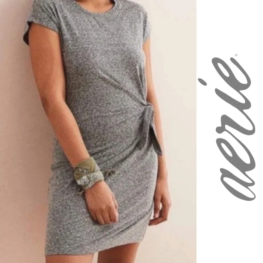 Aerie T-Shirt Dress Heather Gray Tie Front Casual Comfy Dress Size Medium